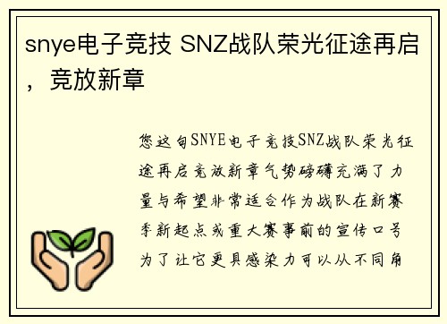snye电子竞技 SNZ战队荣光征途再启，竞放新章